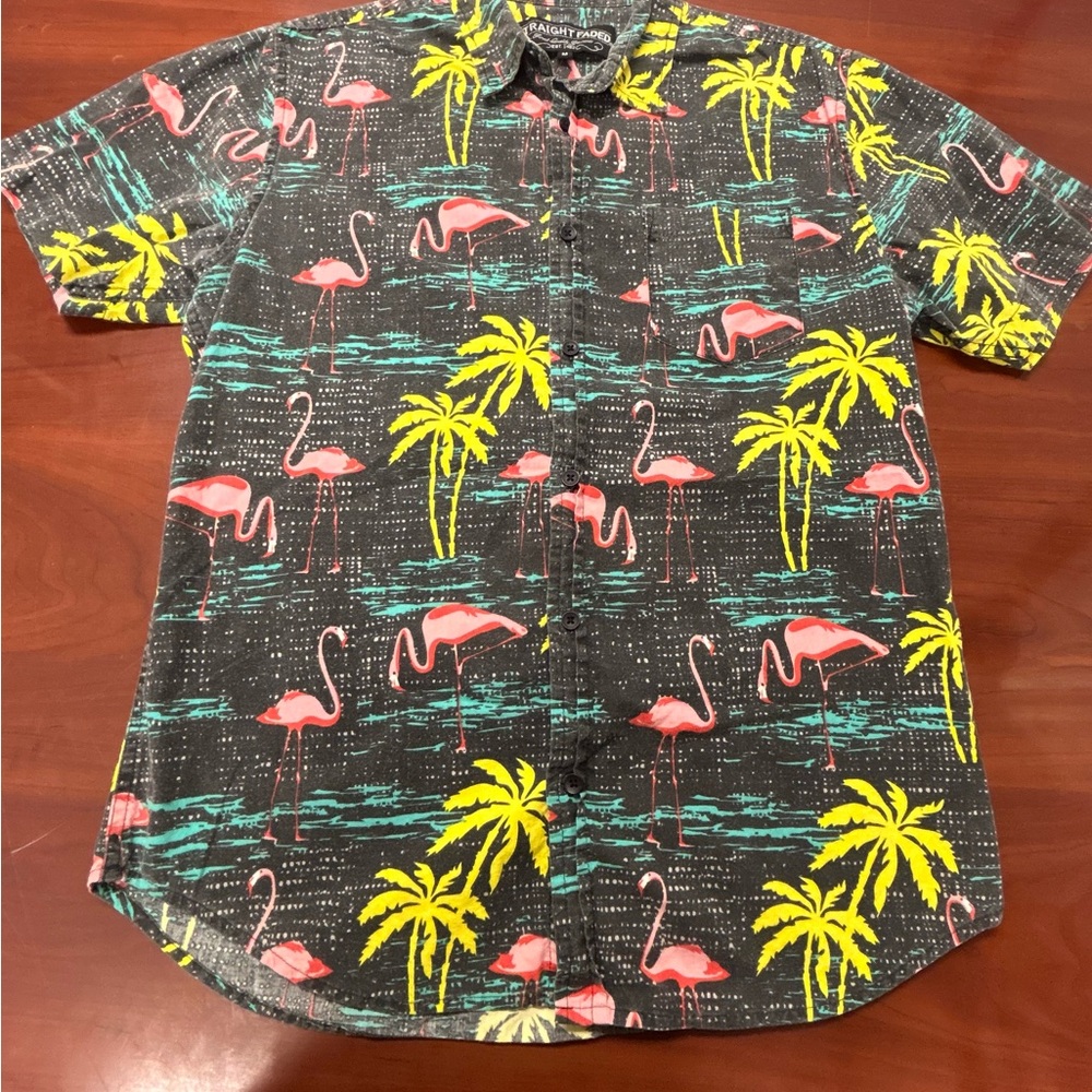 Straight Faded Button Up‎ Shirt Medium Flamingo Palm Tree Tropical Print